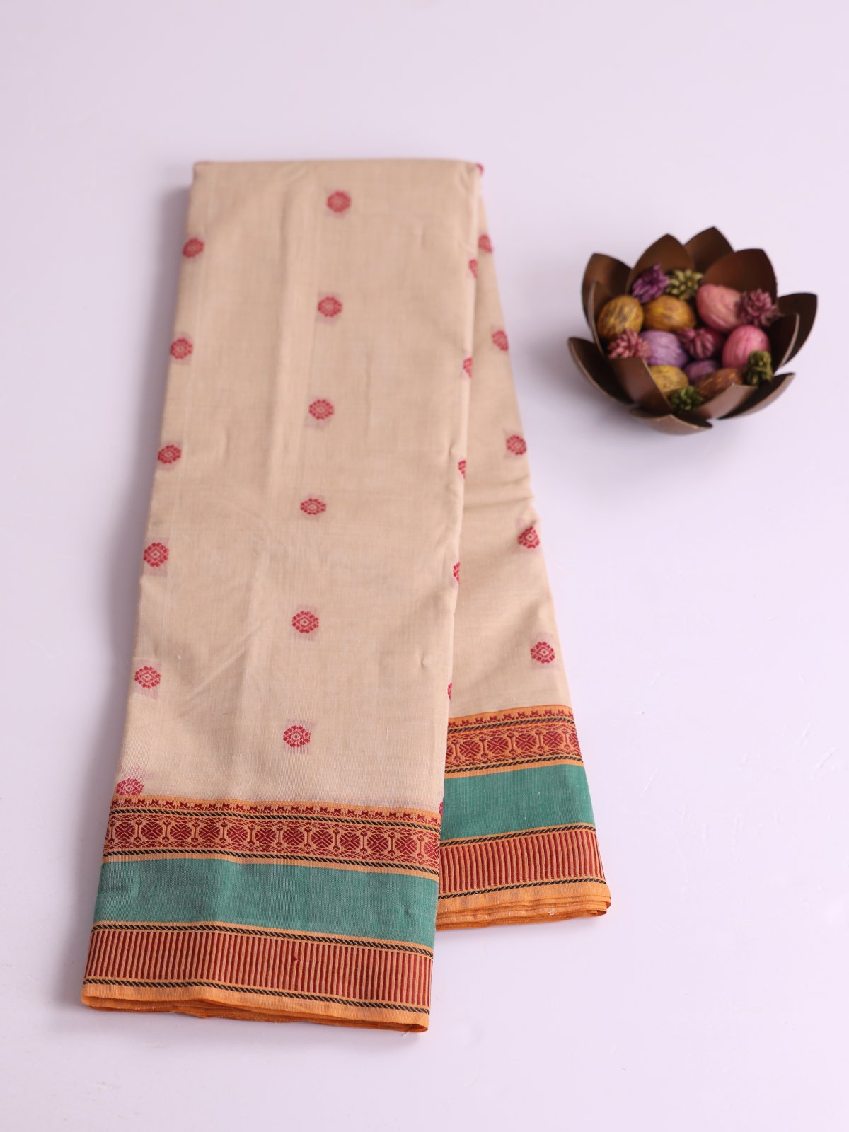 Beige Kanchi Cotton Saree With Threadwork Border