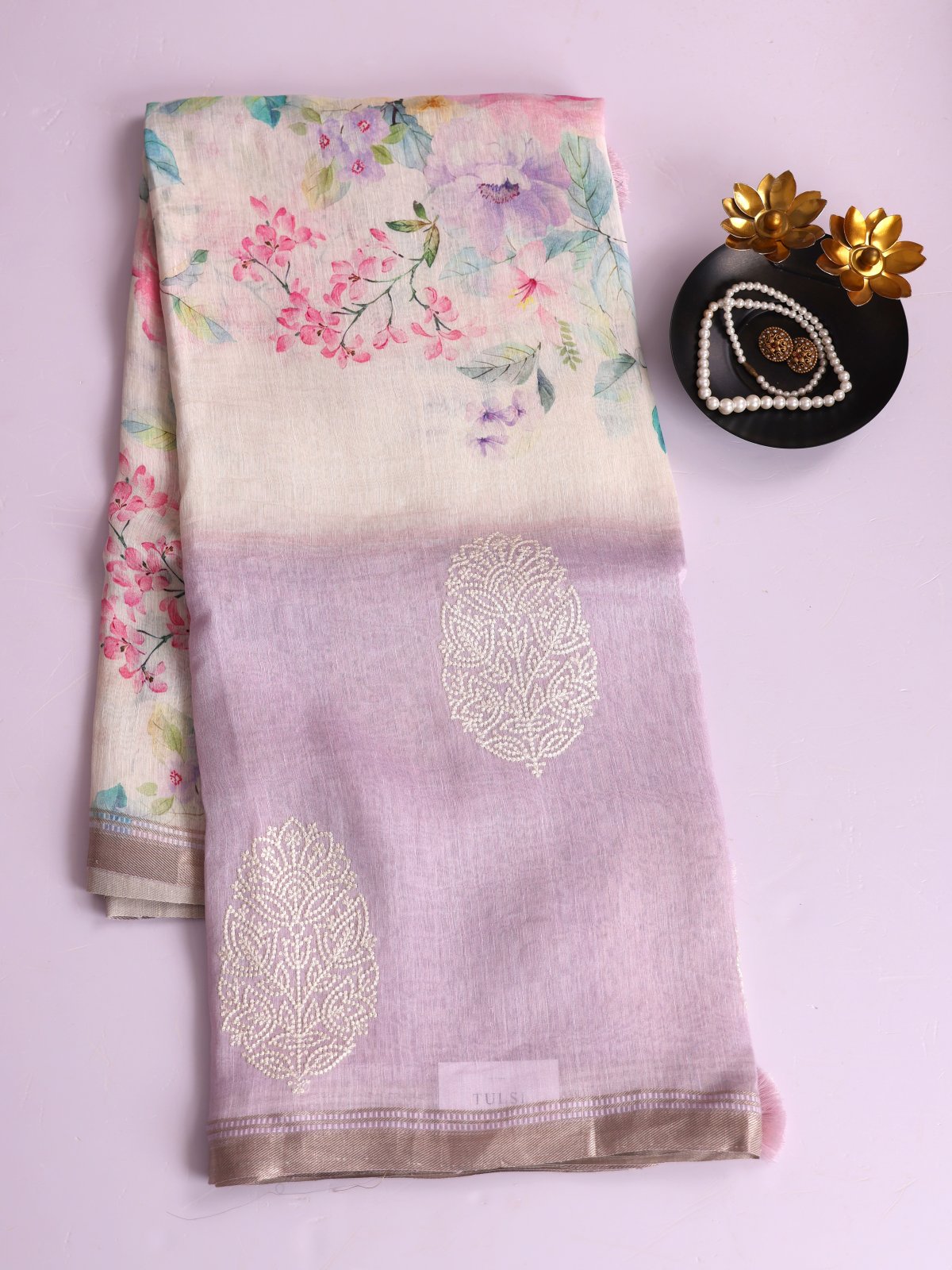 Off- White Printed Linen Saree With Lavender Embroidered Border