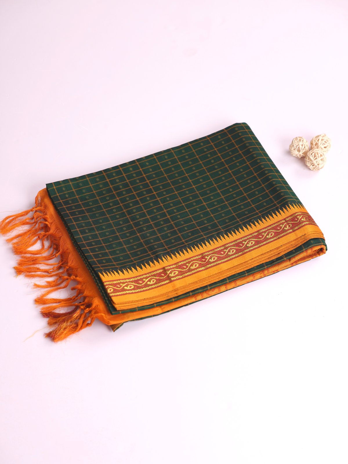 Bottle Green Checked Silk Cotton Saree With Rust Orange Border