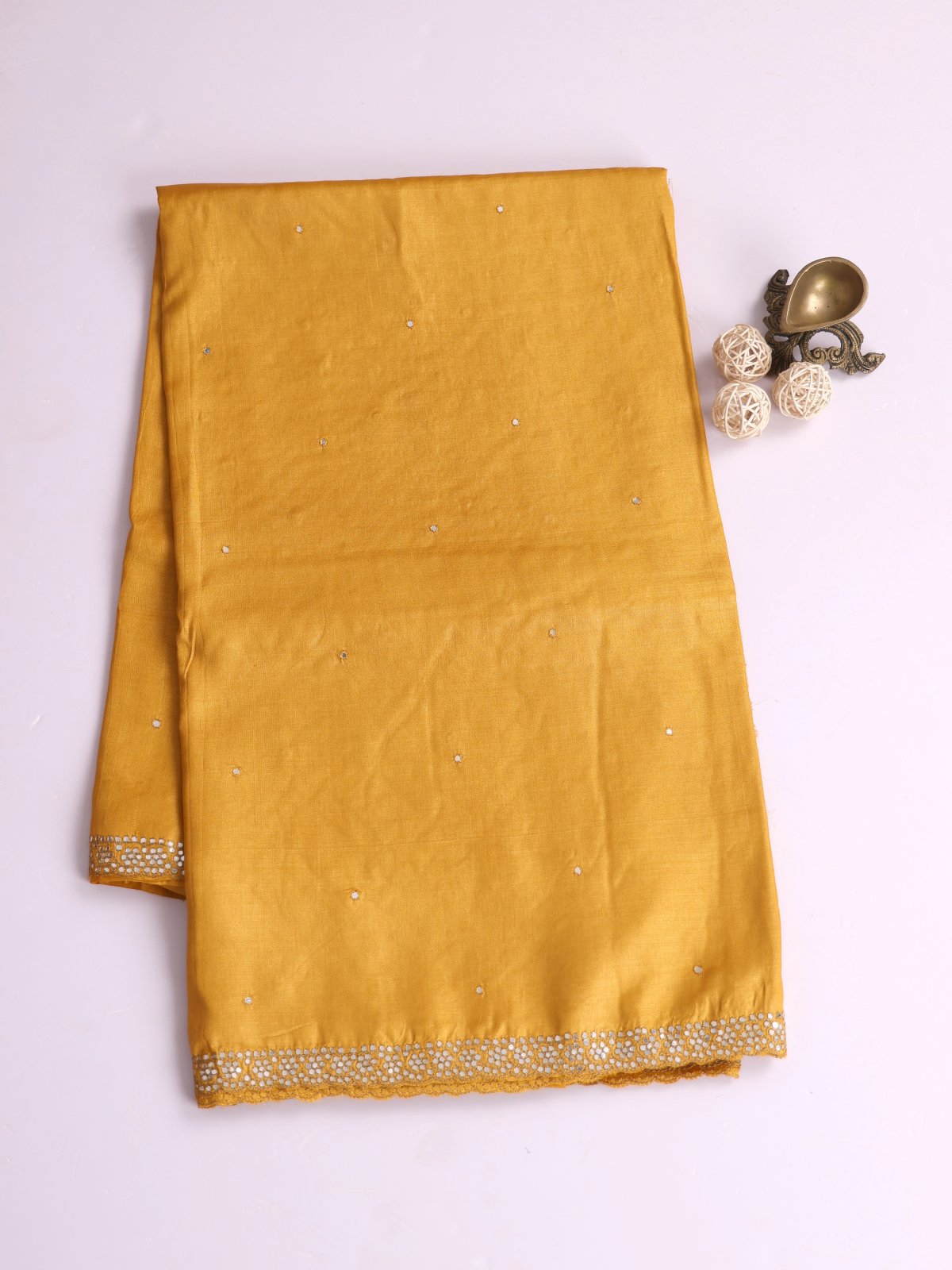 Mustard Yellow Tussar Silk Saree With Embroidery