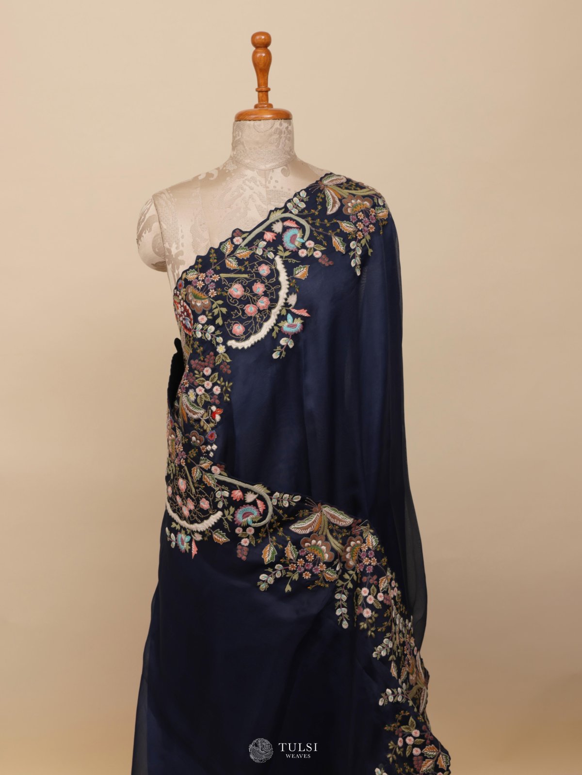 Navy Blue Organza Embroidery Saree