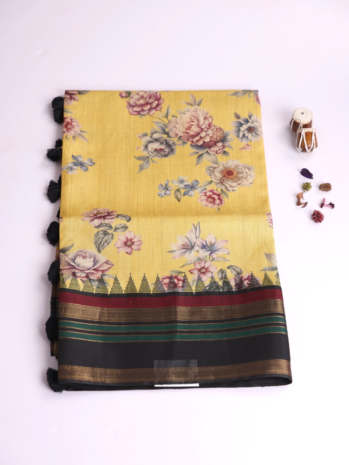 Yellow Printed Tussar Silk Saree With Black Border