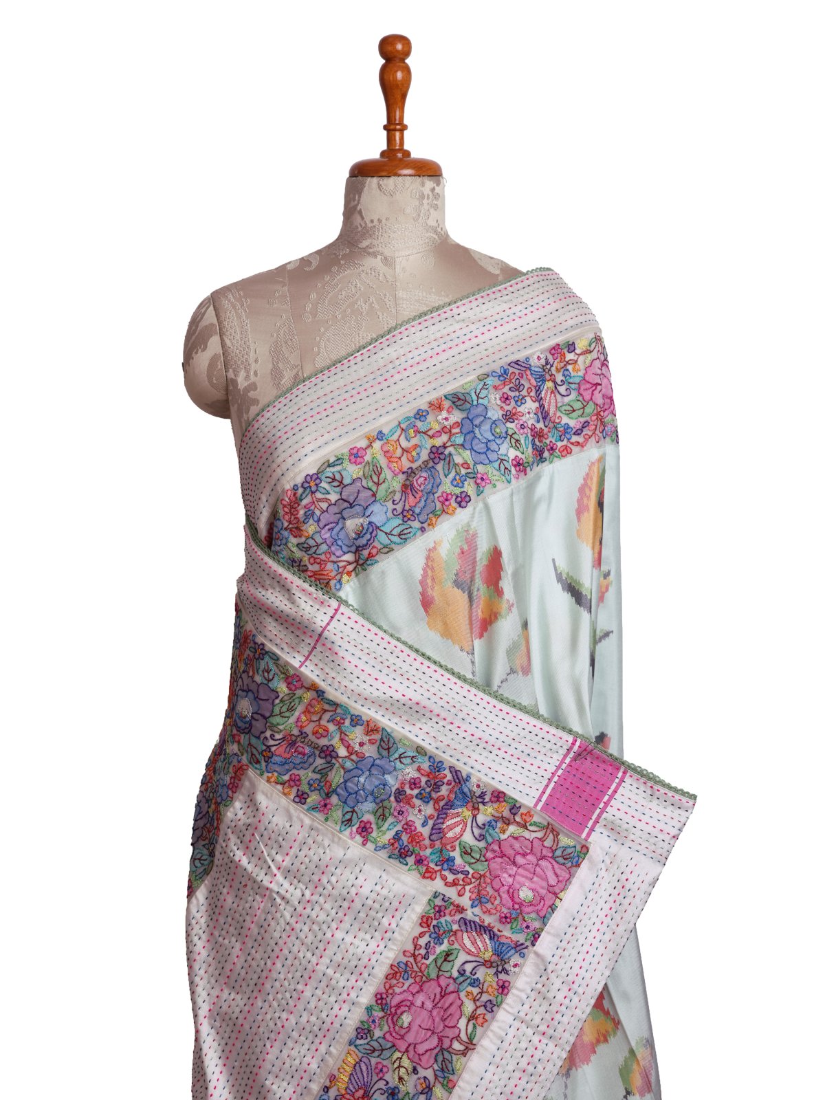 Light Mint Green Patola Silk Saree with Shadow Embroidered Border 