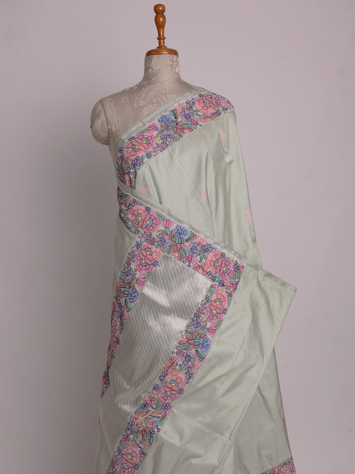 Light Pista Green Banaras Silk Saree With Shadow Embroidery Border