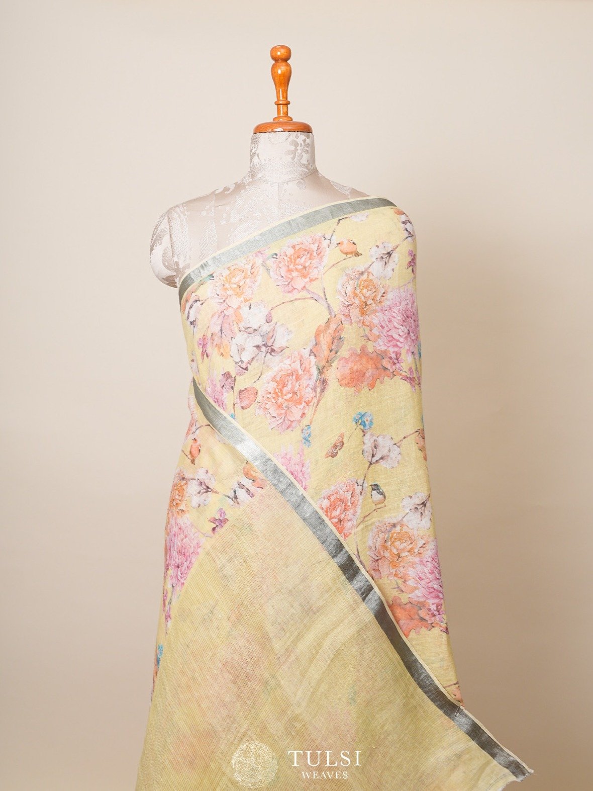 Lime Yellow Printed Linen Saree