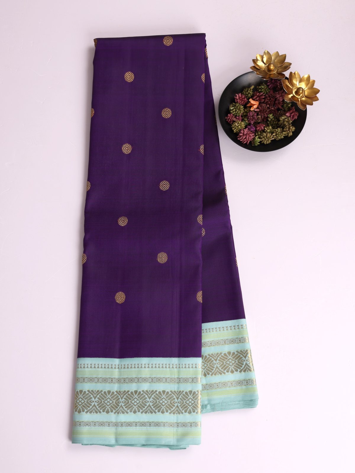 Dark Violet Kanjeevaram Silk Saree With Light Greenish Blue Border