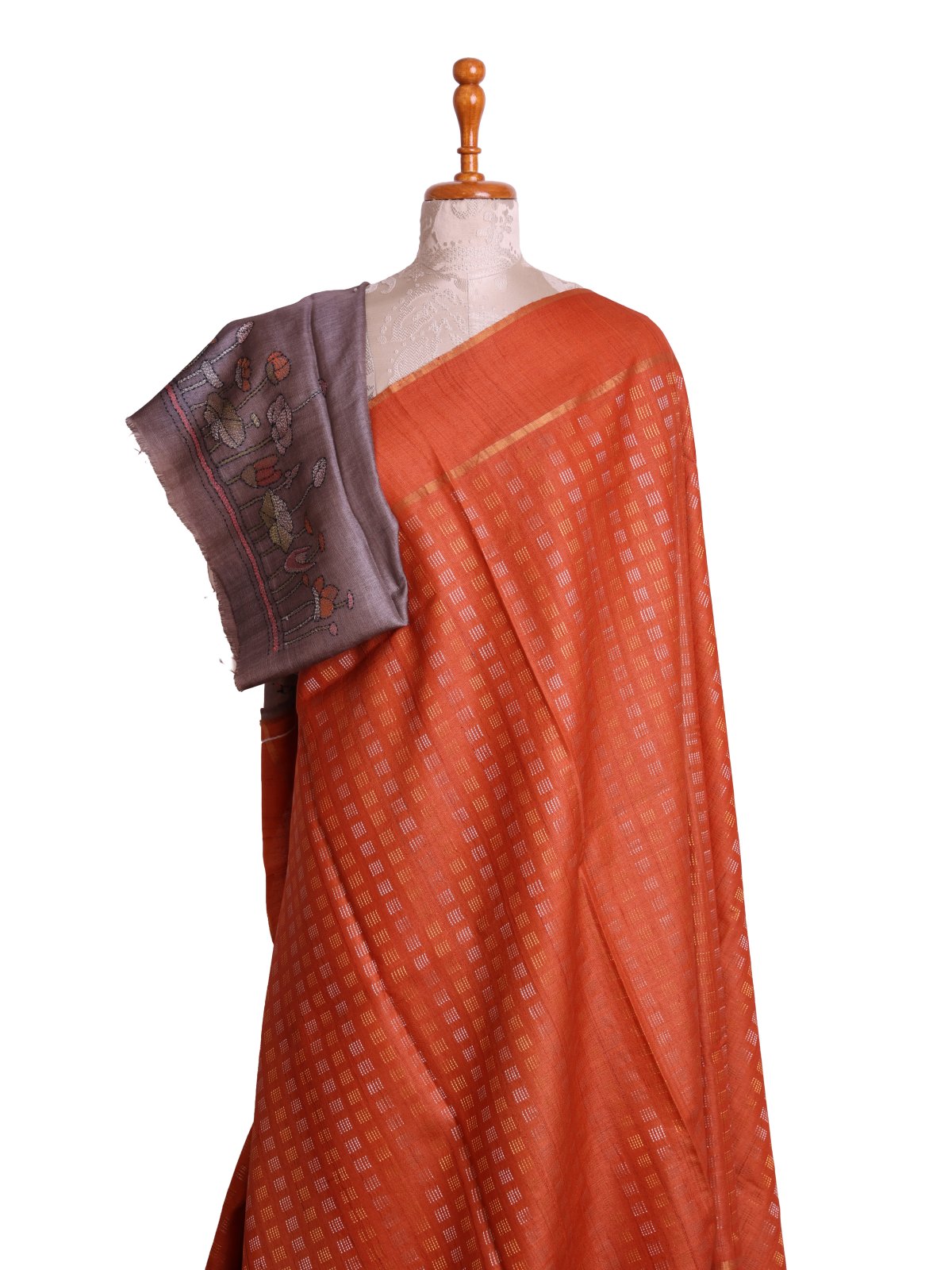 Orange Tussar Silk Saree with Kantha Embroidered Blouse