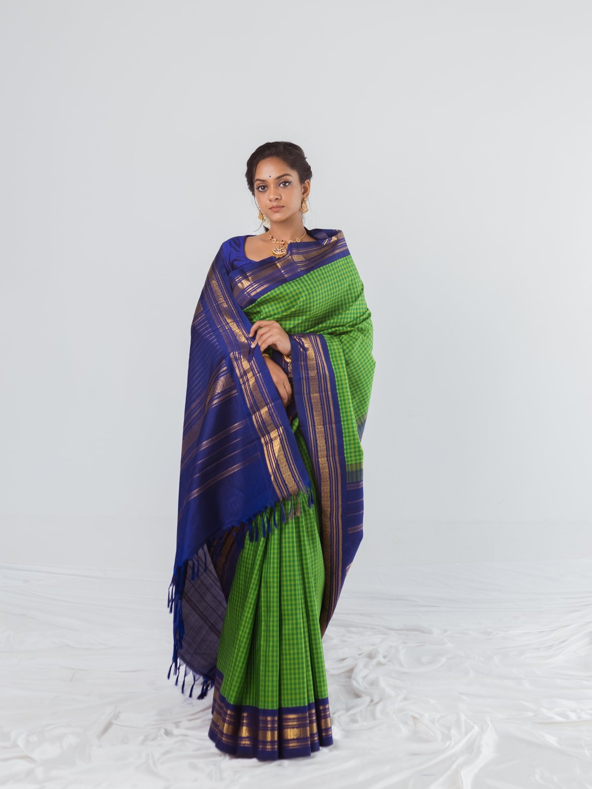 Green Checked Kanjeevaram Silk Saree With Ink Blue Border