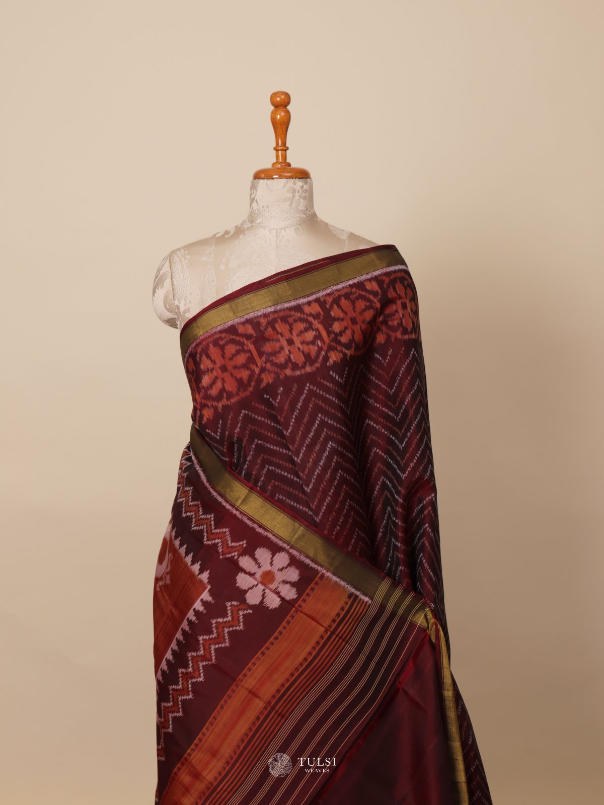 Maroon Ikat Silk Saree With Golden Border