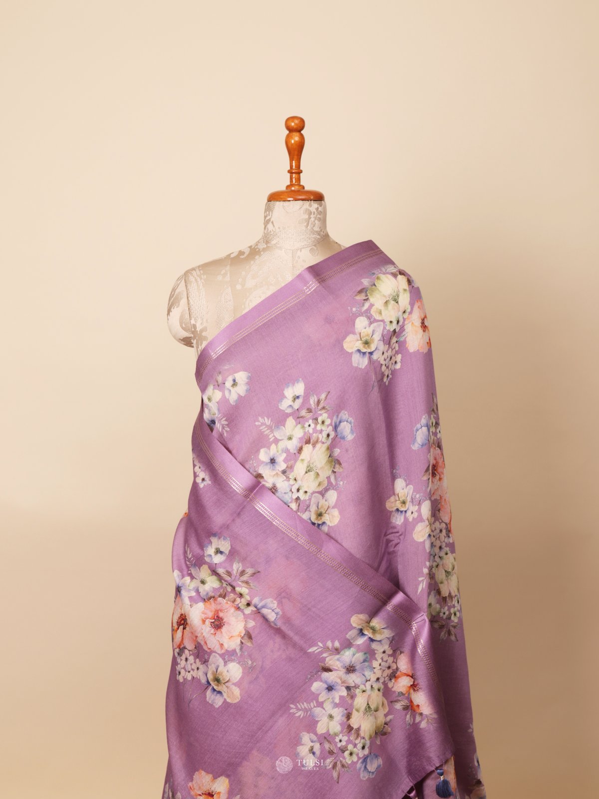 Purple Printed Munga Tussar Silk Saree