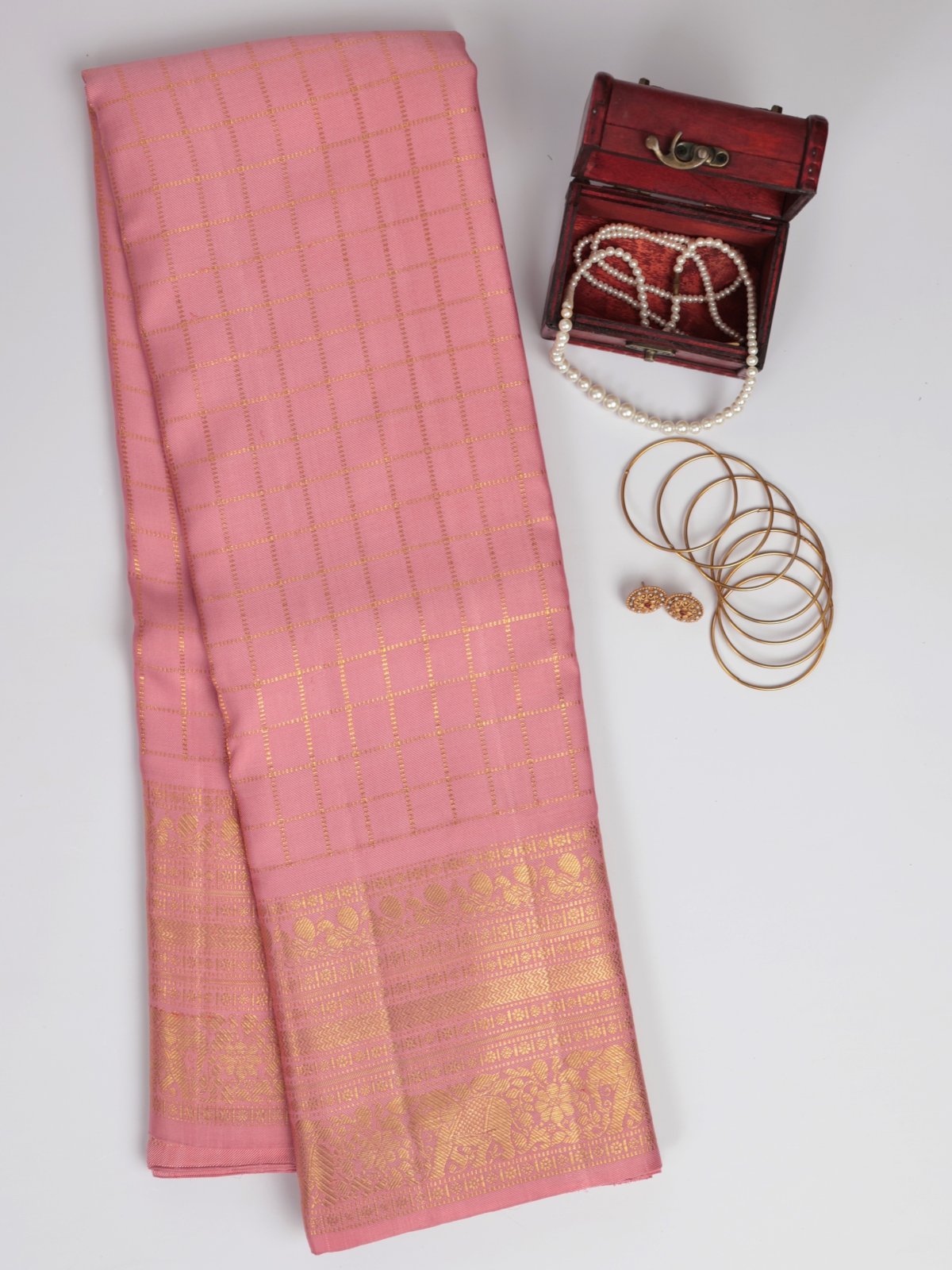 Light Peach Checked Kanjeevaram Twill Saree