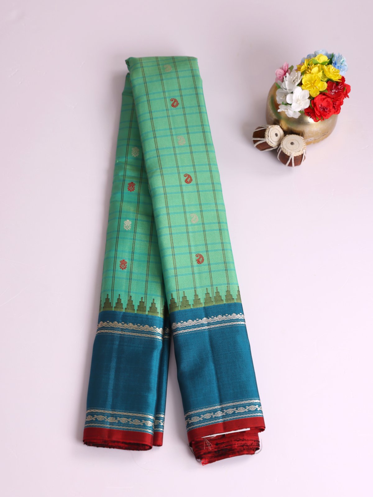 Turquoise Green Checked Gadwal Silk Saree with Peacock Blue Border