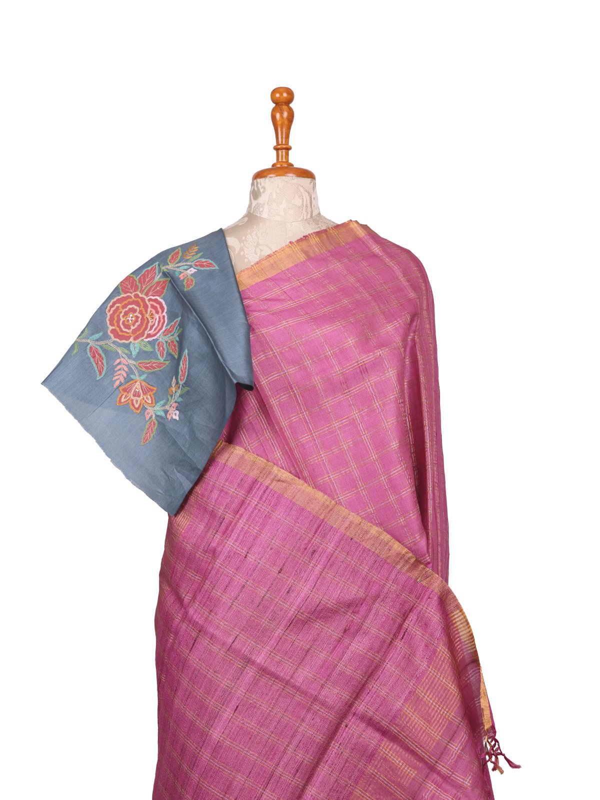 Dusty Pink Zari Checked Tussar Embroidered Silk Saree With Embroidered Blouse
