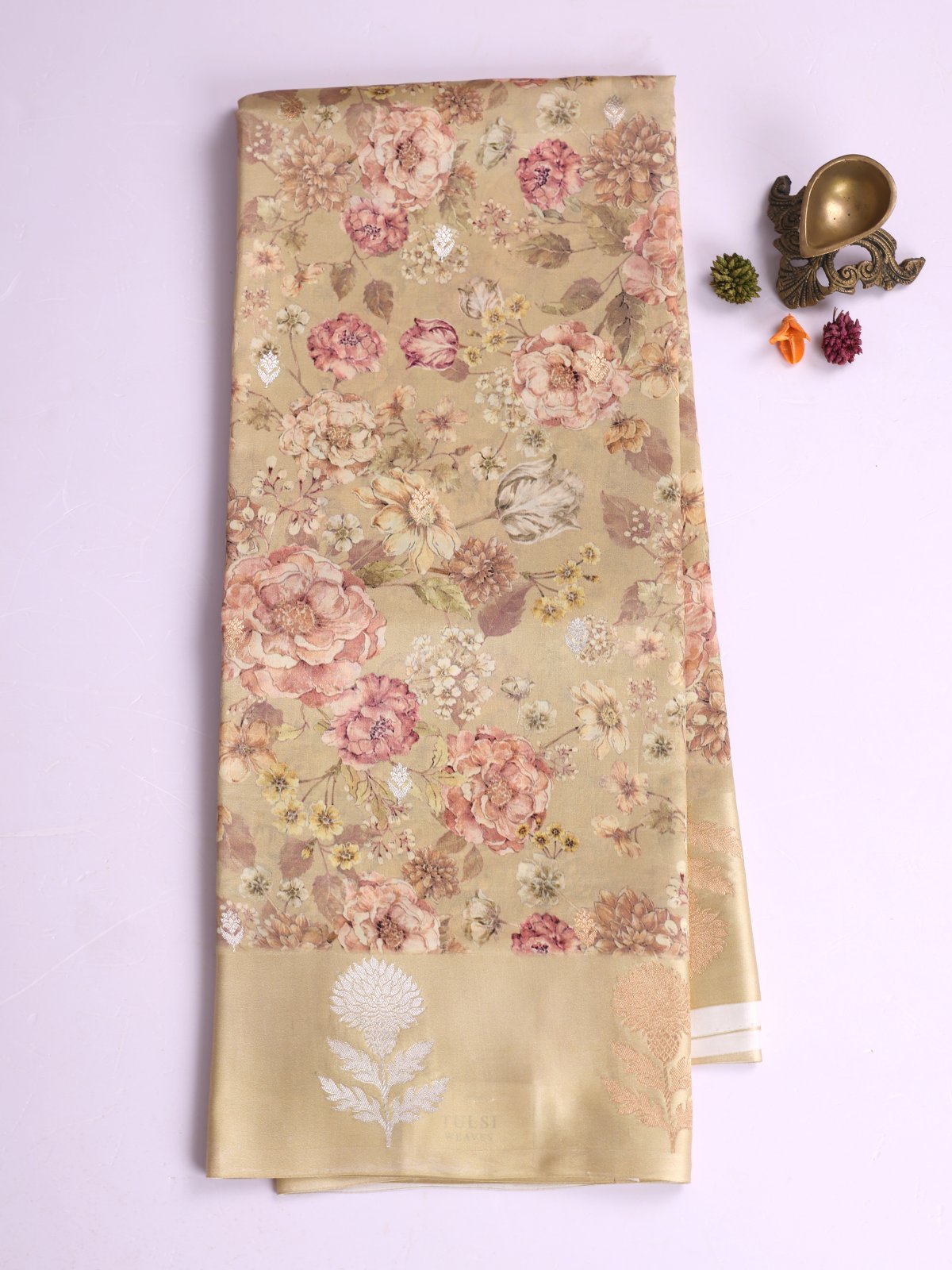 Dusty Yellow Printed Mashru Silk Saree With Satin Border