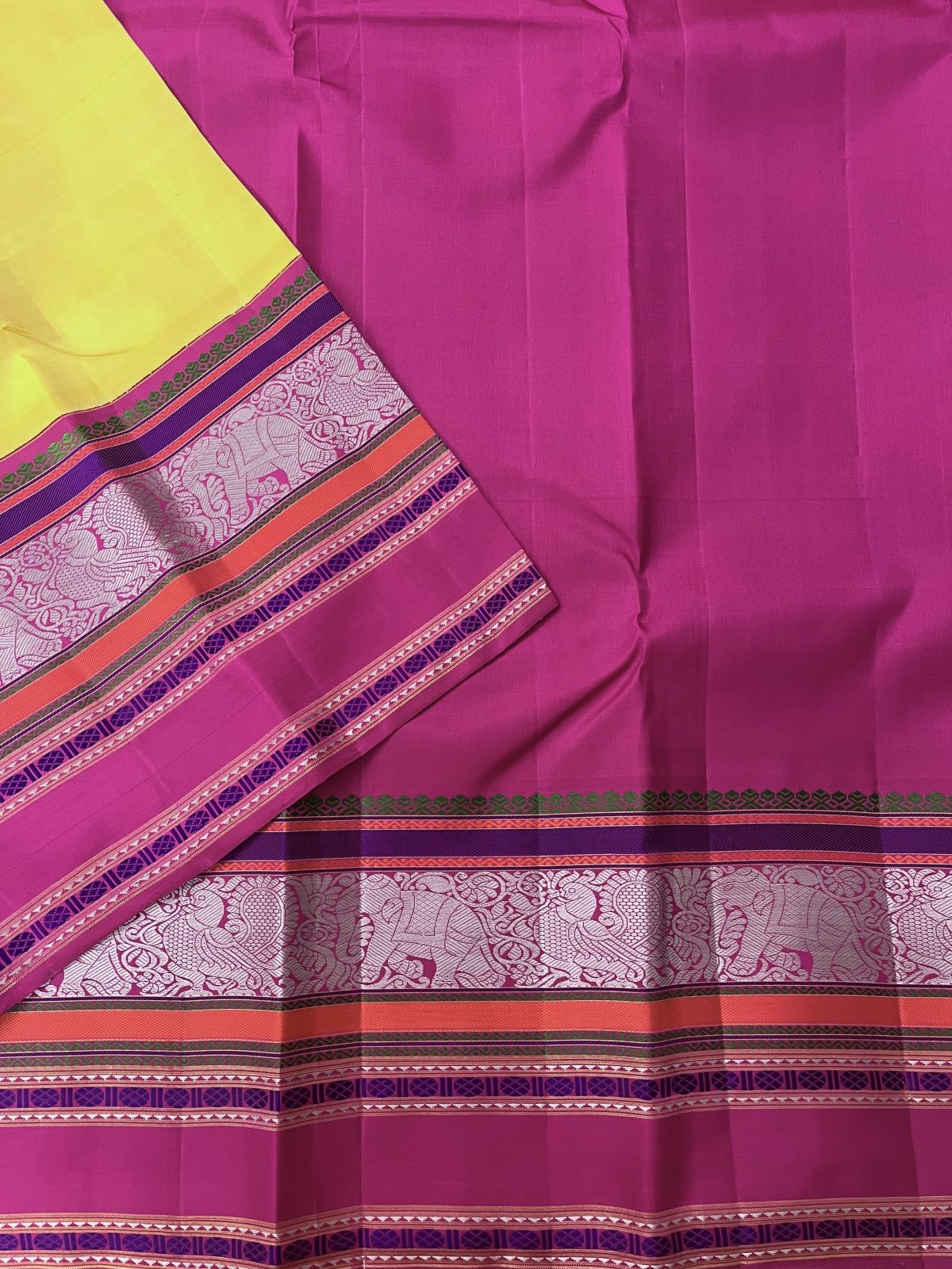 Yellow Kanjeevaram Silk Saree With Dark Pink Border