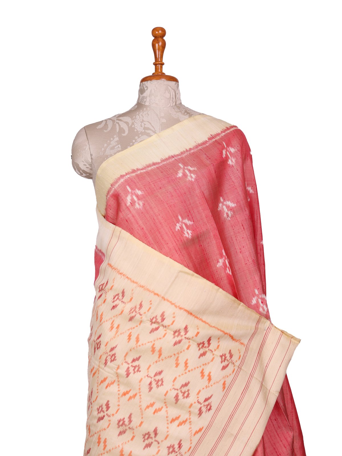 Pastel Red Raw Silk Patola Saree With Cream Border