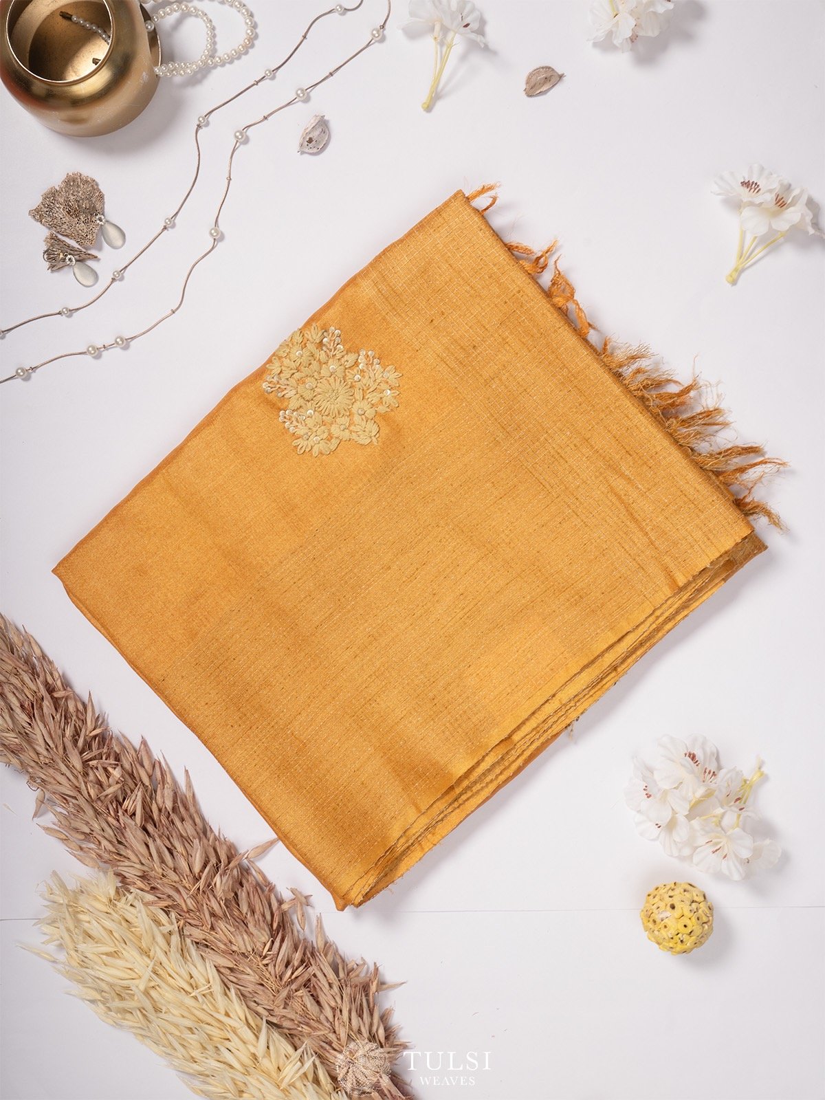 Mustard Tussar Silk Saree with Hand Embroidery