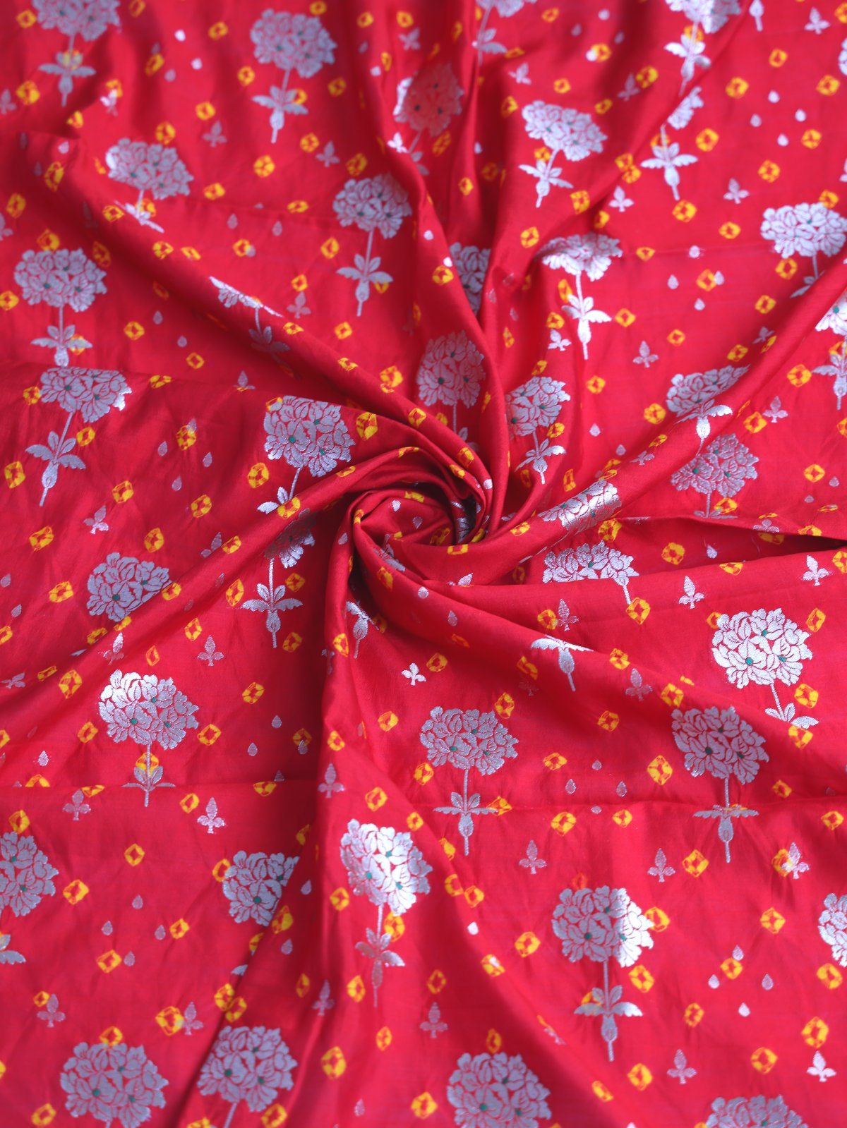Red Silk Bandhani Blouse With Floral Zari Motifs