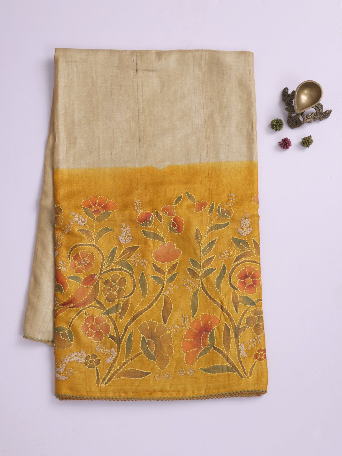 Beige Printed Tussar Silk Saree With Kantha Embroidery 