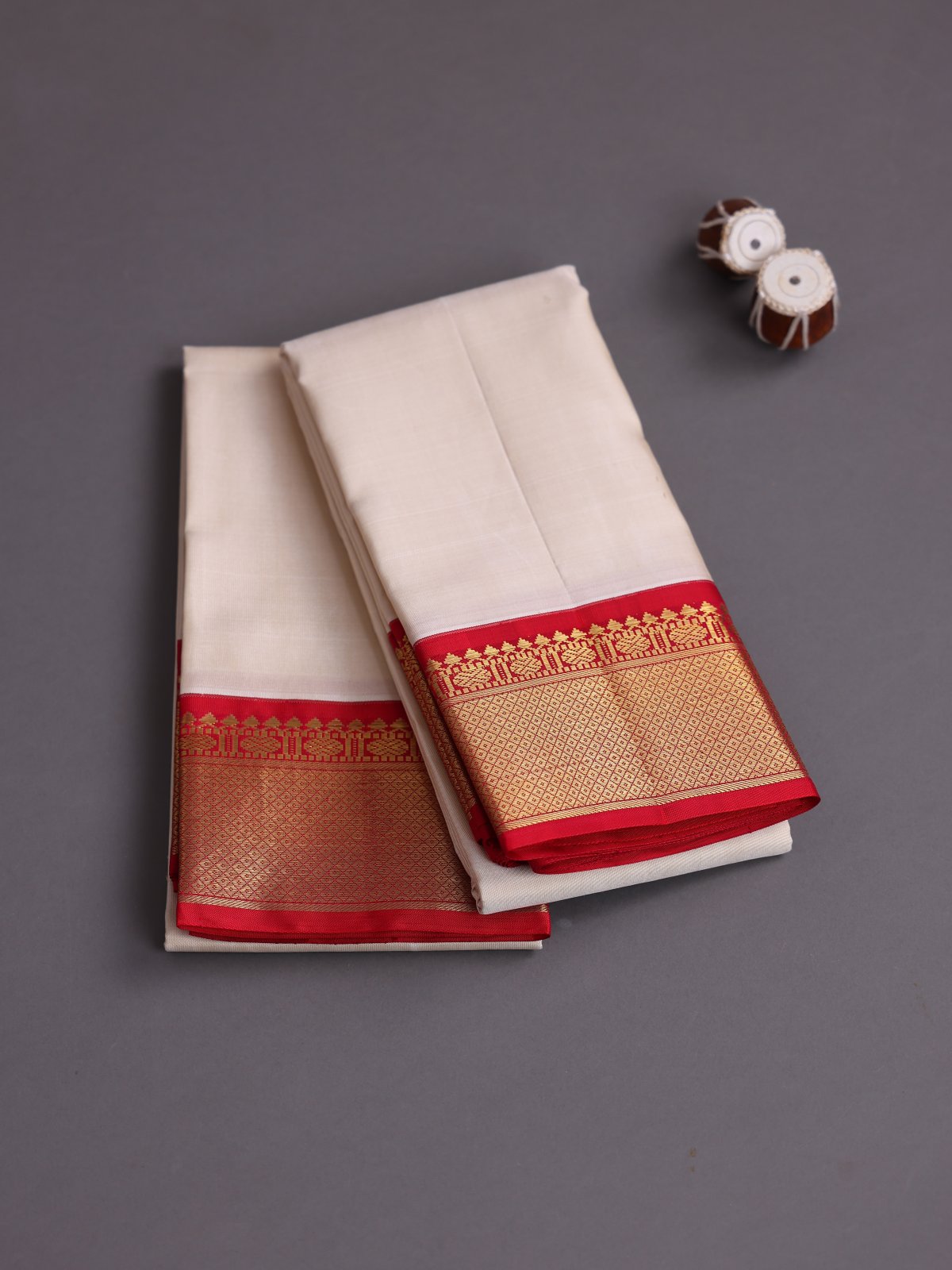 Beige Silk Dhoti And Vasthram with Red Zari Border