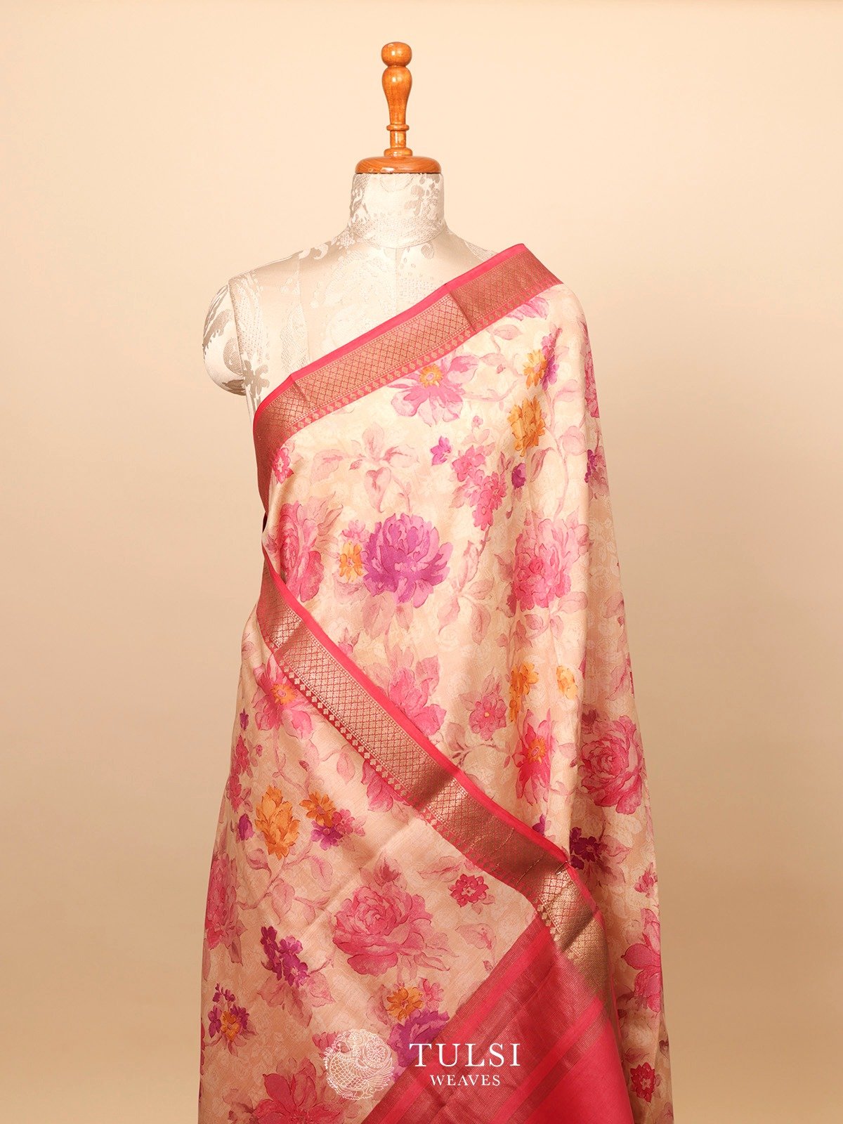 Beige Floral printed Chanderi Silk Saree