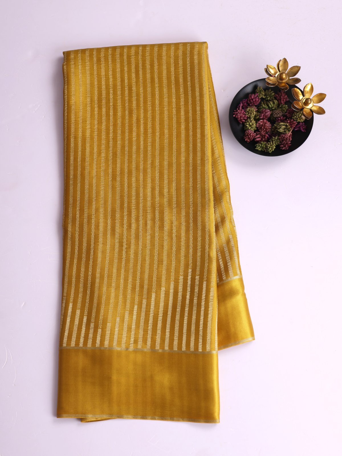 Yellow Zari Striped Mysore Silk Saree With Satin Border