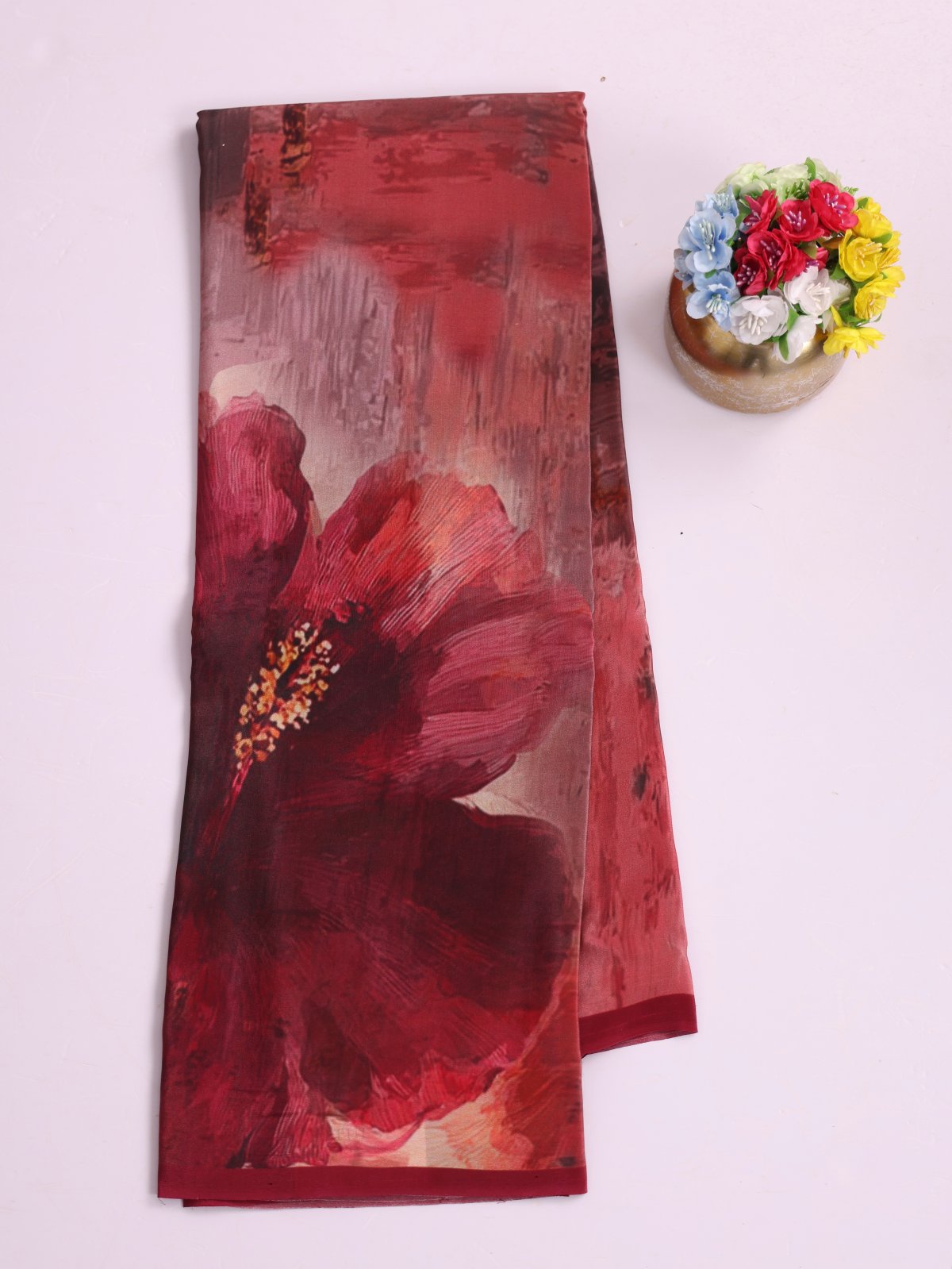 Wine Red Printed Crepe Silk Saree