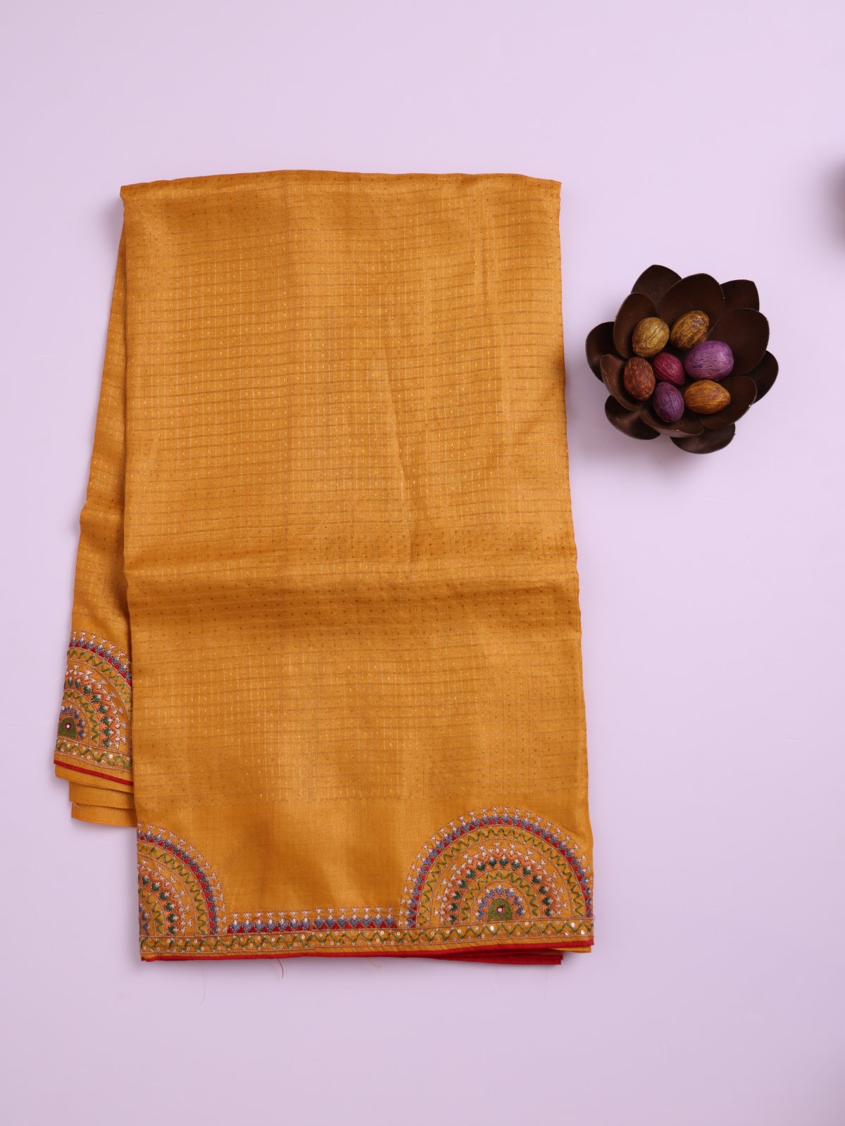 Mustard Yellow Zari Checked Tussar Silk Saree with Kutch Embroidery