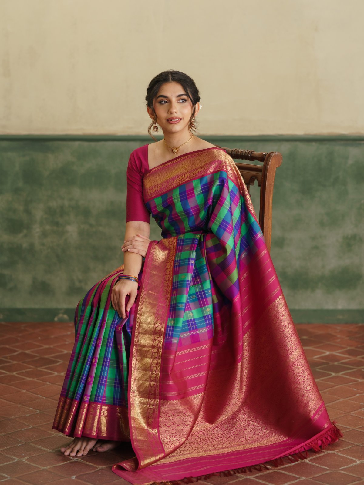 Vintage 113 - Multi Color Checked Kanjeevaram Silk Saree With Pinkish Araku Border