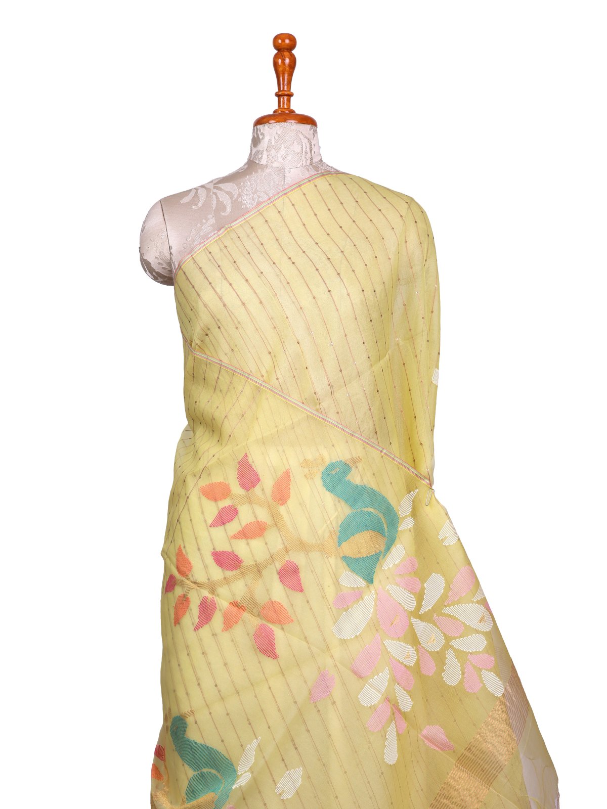 Light Yellow Striped Kora Jamdani Silk Saree