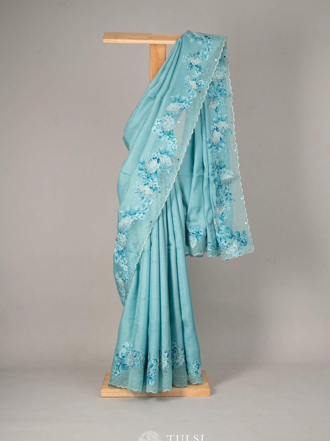 Light Blue Tussar Silk Saree With Floral Printed Border