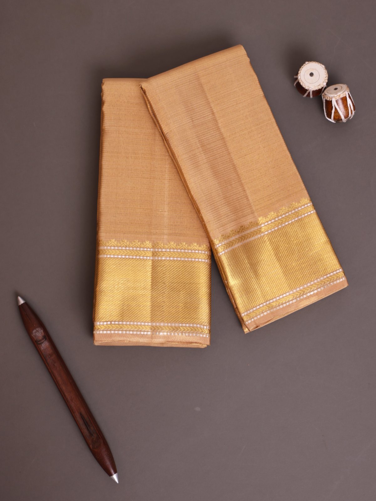Rose Gold Tissue Silk Dhoti And Vasthram With Self Border