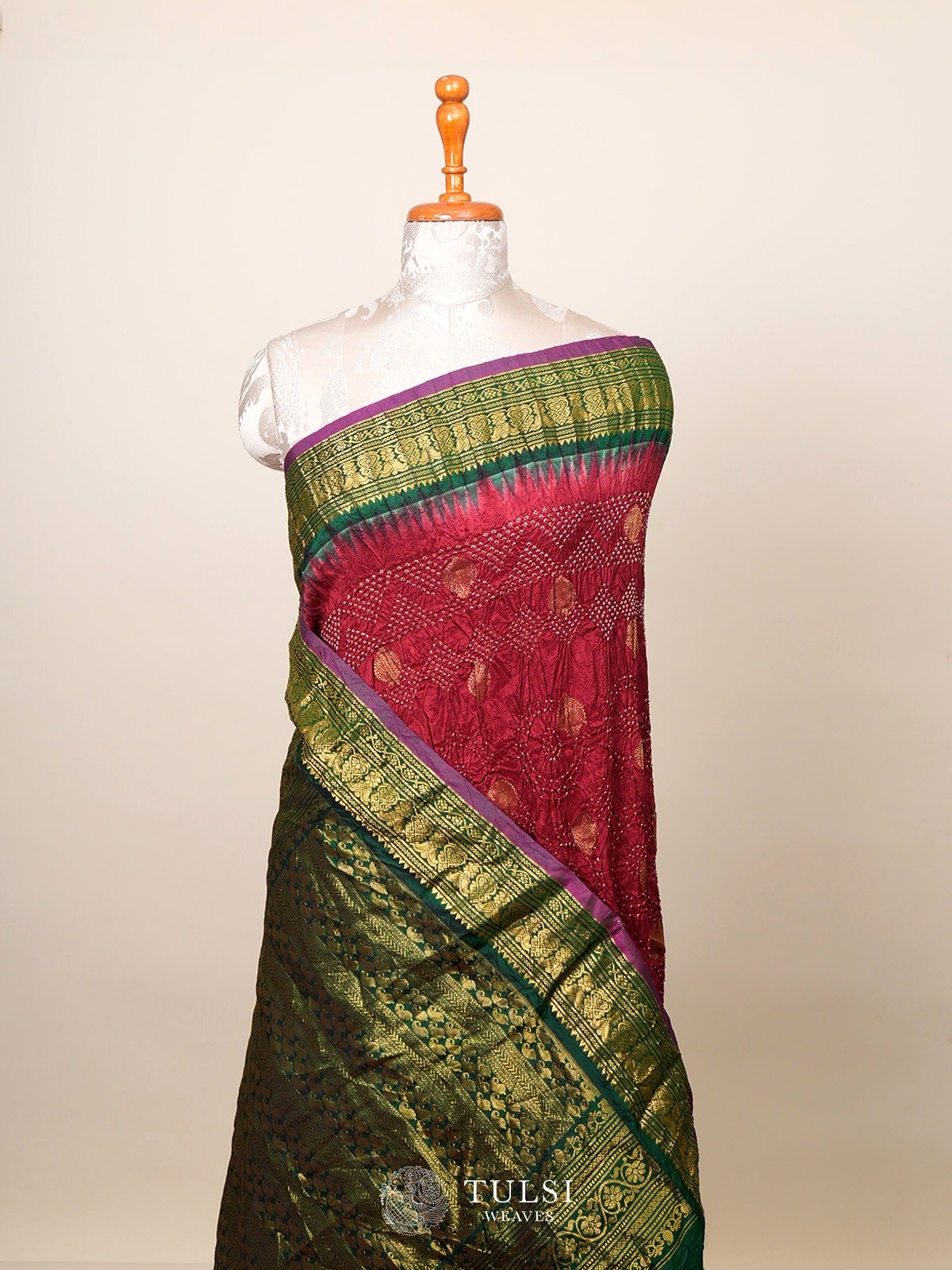 Maroon Gadwal Silk Saree with Bandhini 