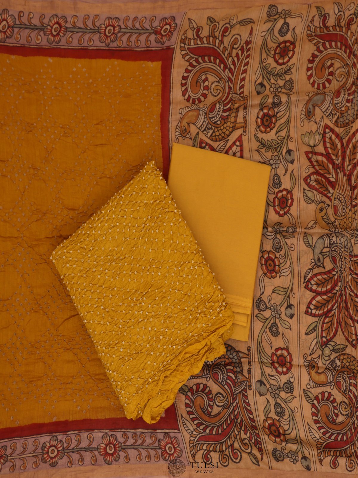 Mustard Yellow Bandhini Salwar Material with Kalamkari Dupatta