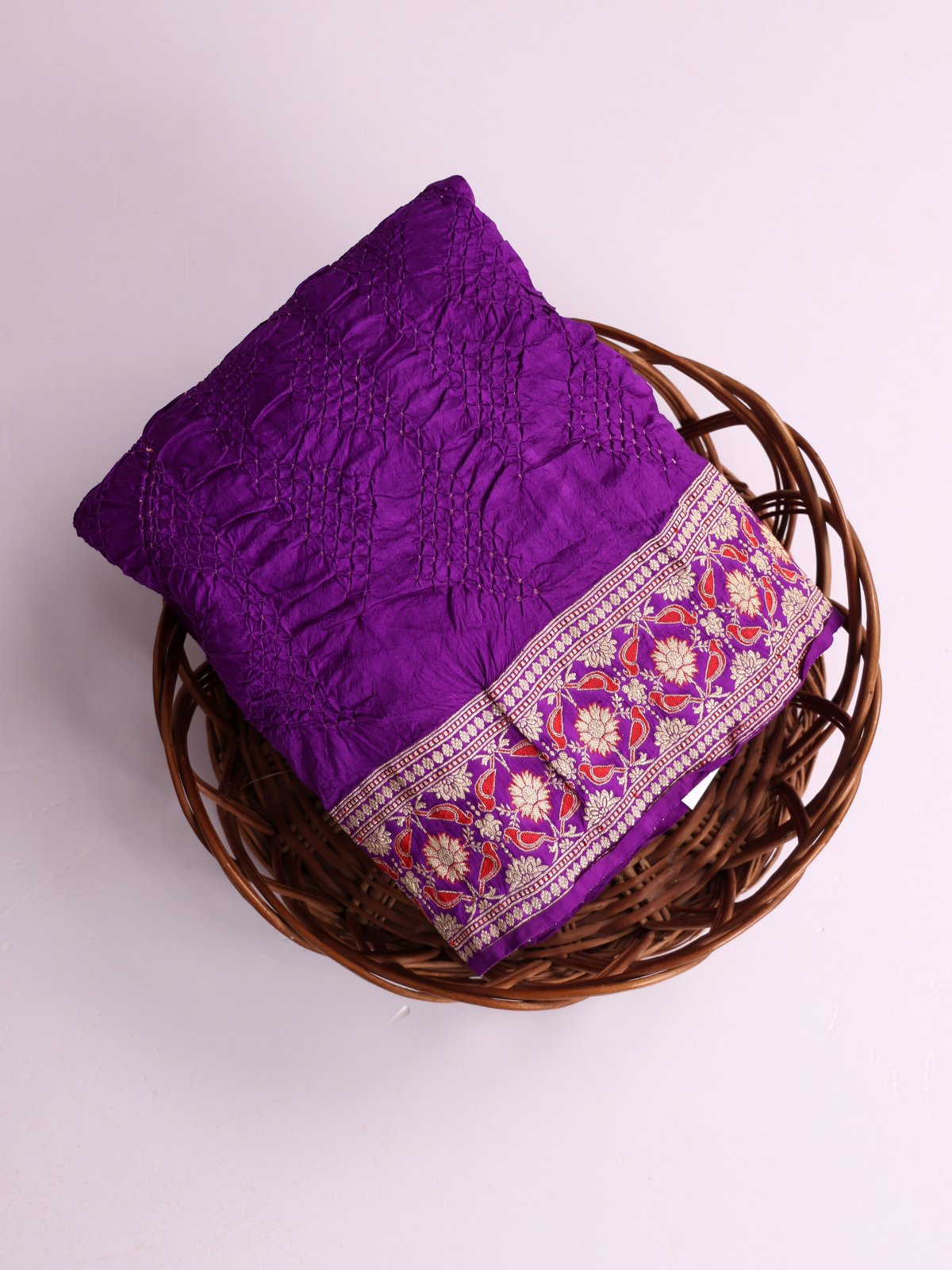 Violet Banaras Bandhini Silk Saree With Meenakari Border