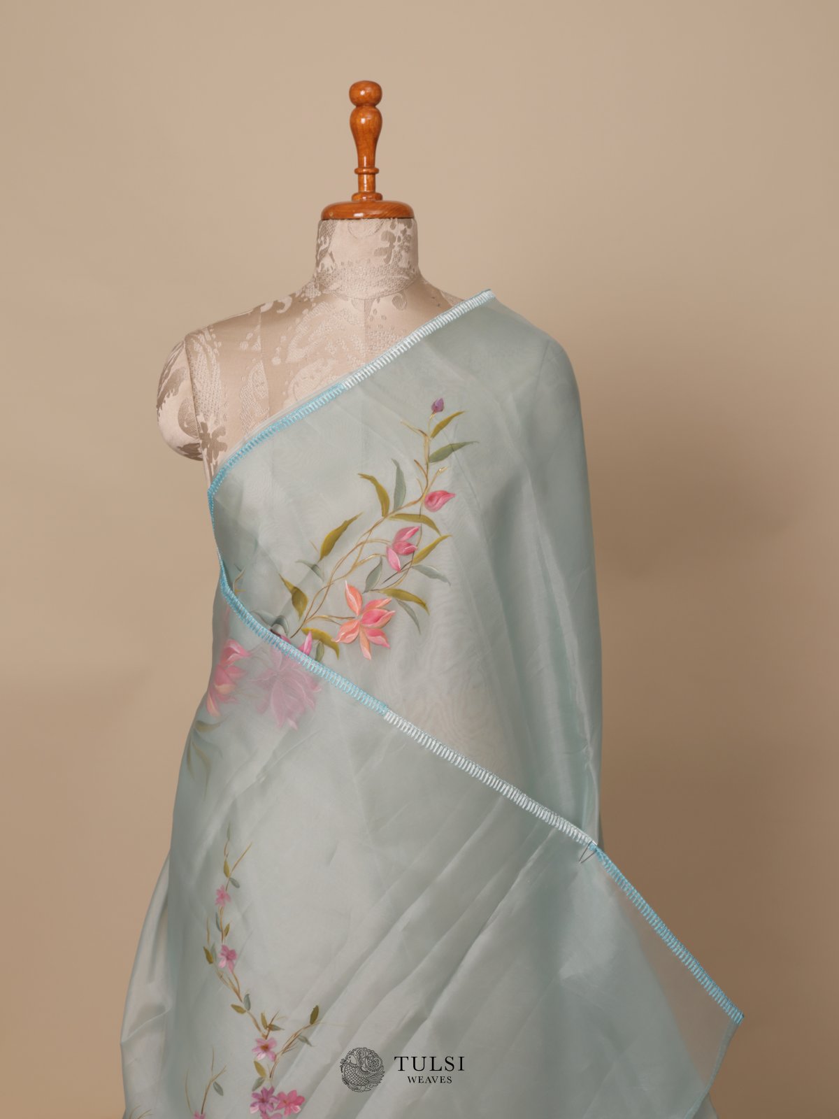 Light Blue Organza Hand Painted Saree 