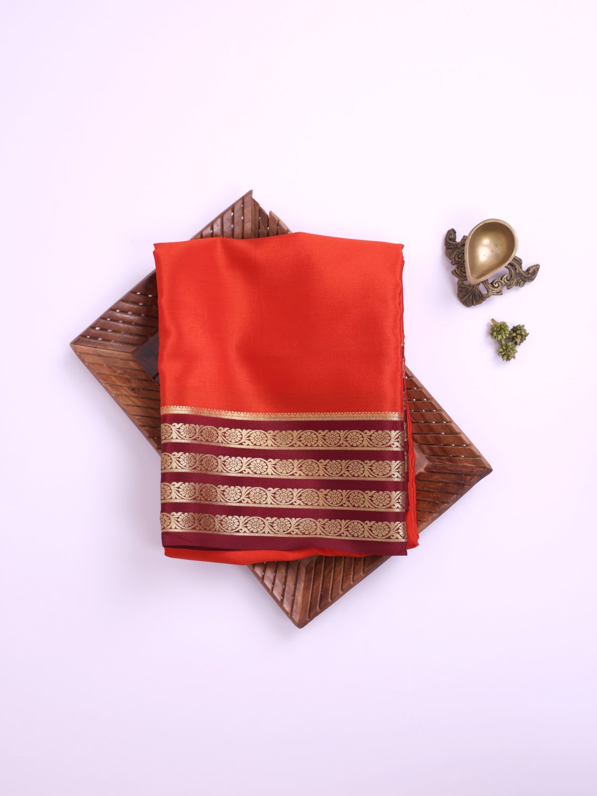 Deep Orange Mysore Silk Saree with Deep Brown Zari Border