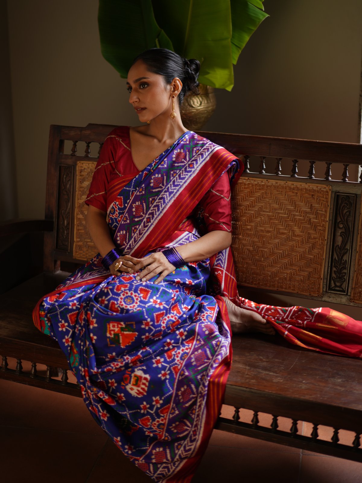 Dark Blue Patan Patola Silk Saree with Red Border