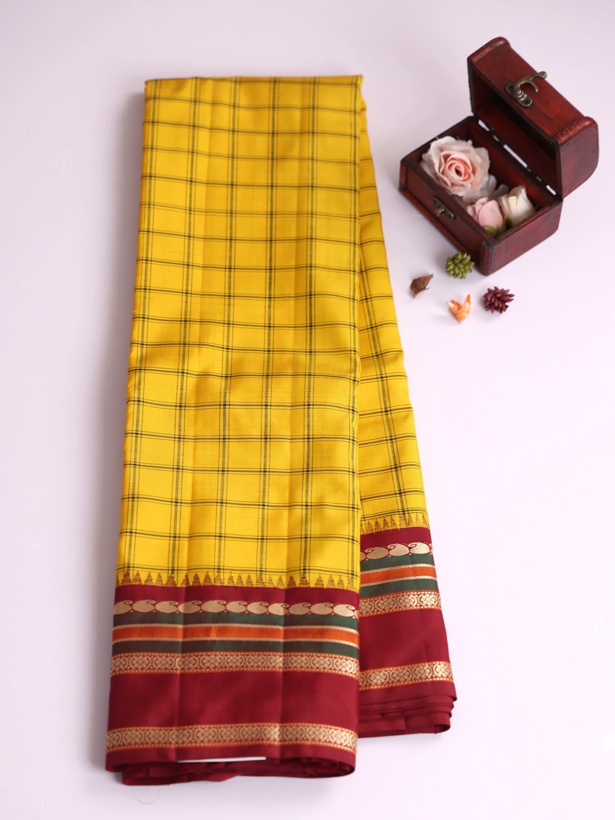 Yellow Checked Kanjeevaram Pattu Pettu Silk Saree with Maroon Border
