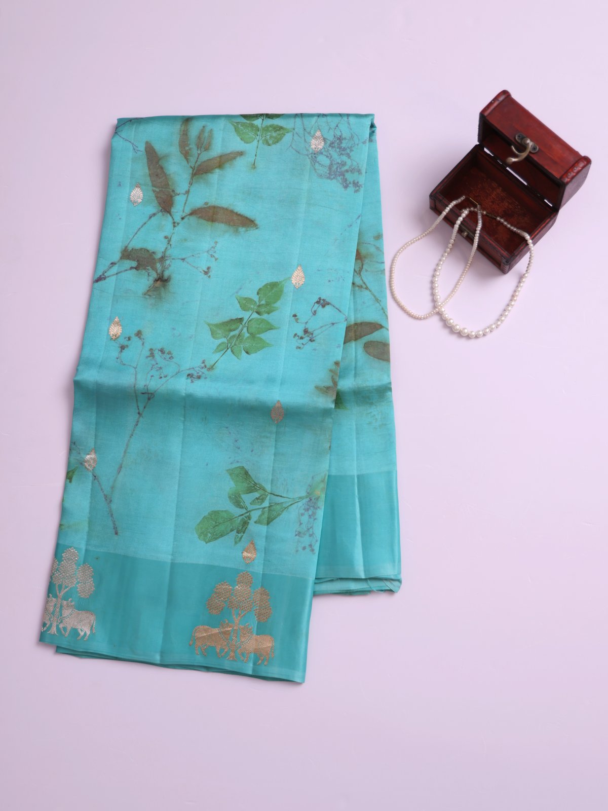 Aqua Blue Eco Print Tussar Silk Saree with Self Satin Border