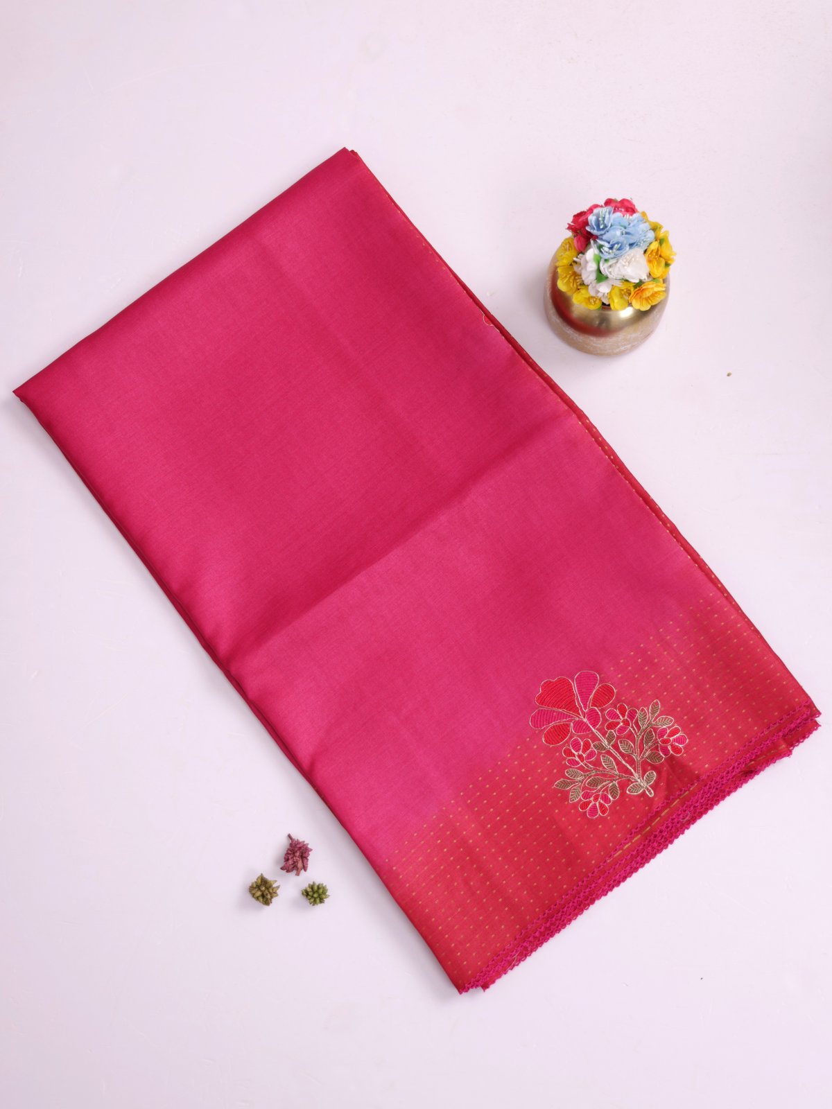 Pink Tussar Silk Saree With Red Embroidered Border