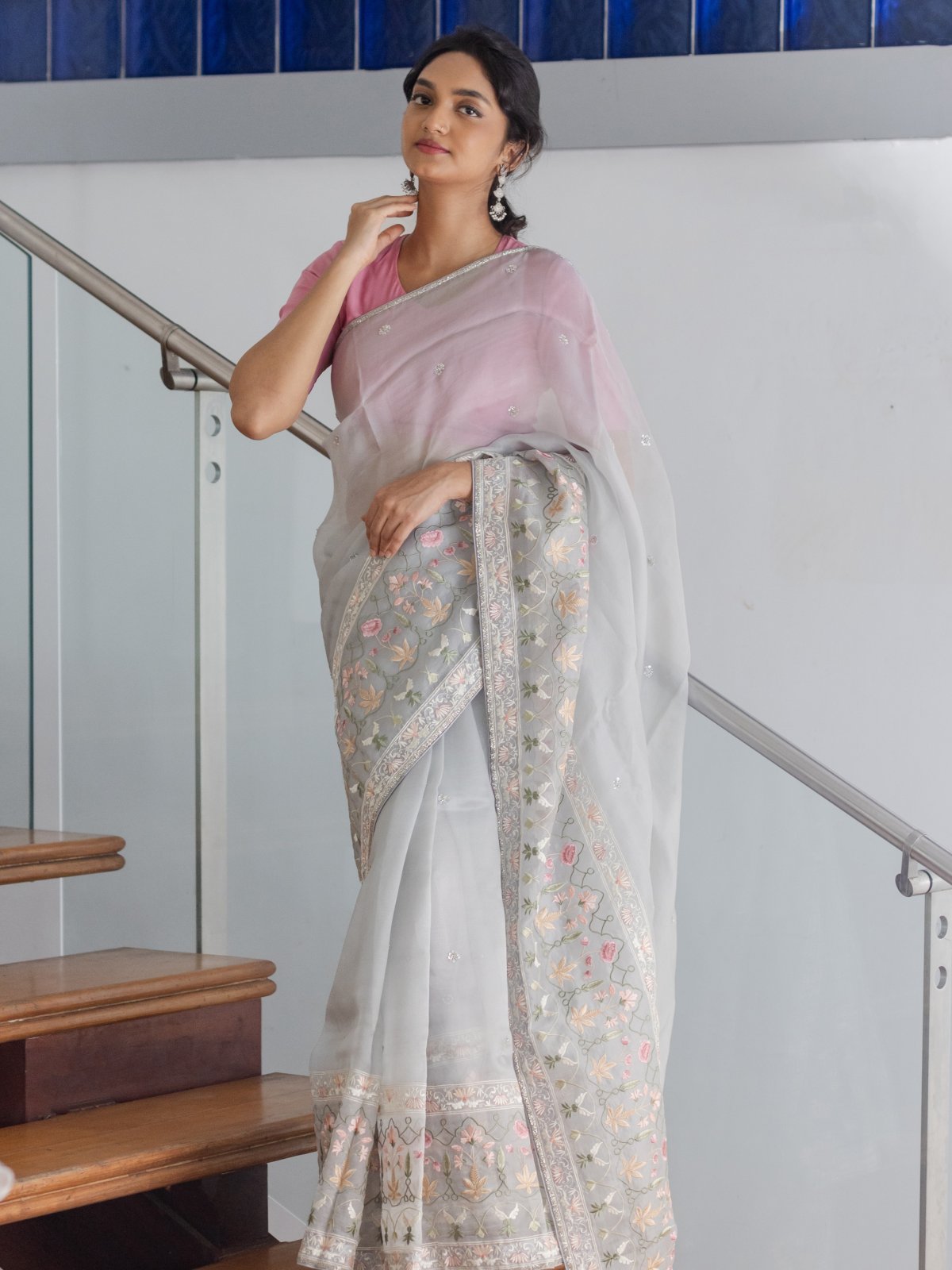 Greyish Blue Organza Saree With Floral Embroidery
