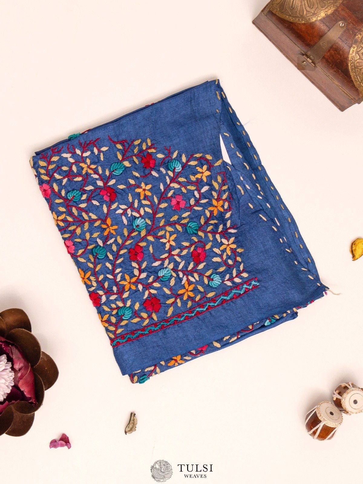 Royal Blue Tussar Blouse With Floral Embroidery