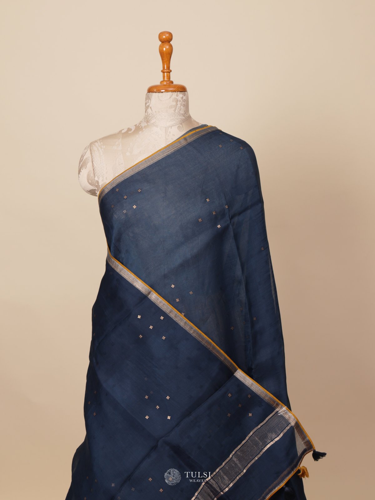 Light Navy Blue Organza Saree with Kalamkari Blouse