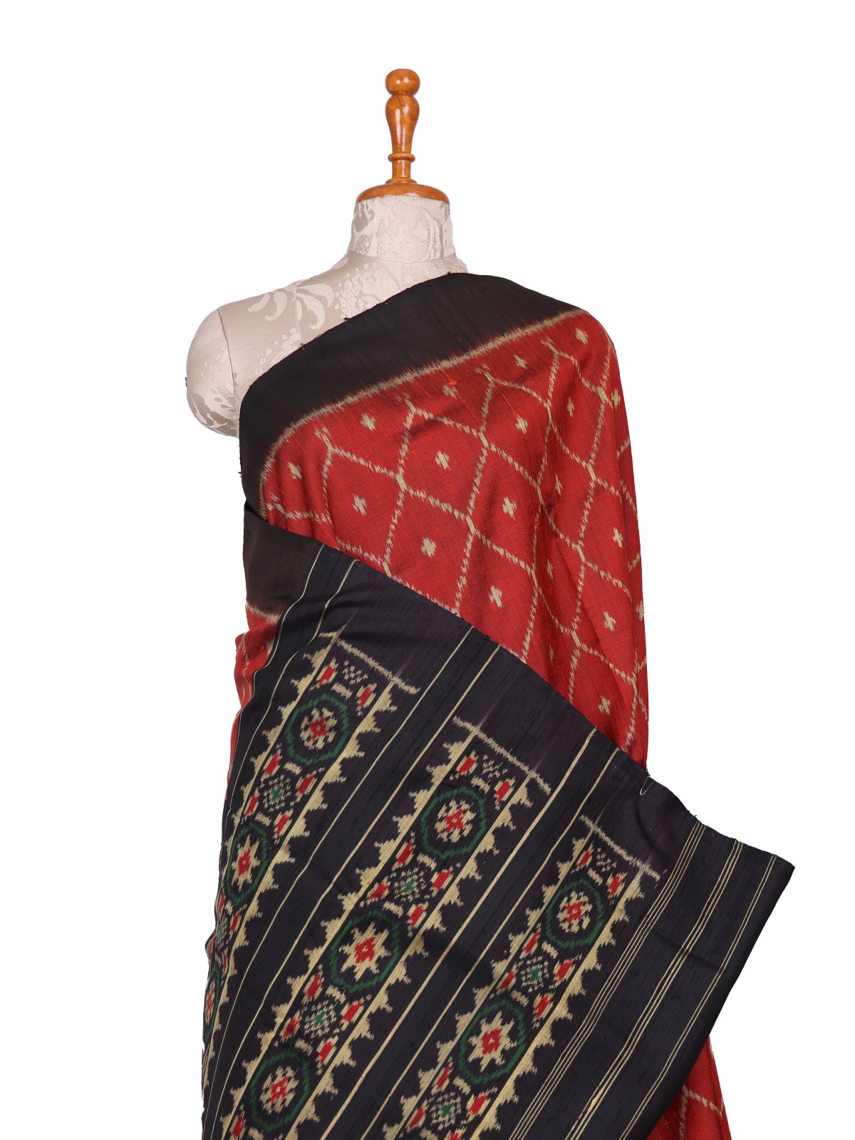 Bright Maroon Raw Silk Patola Saree With Black Border
