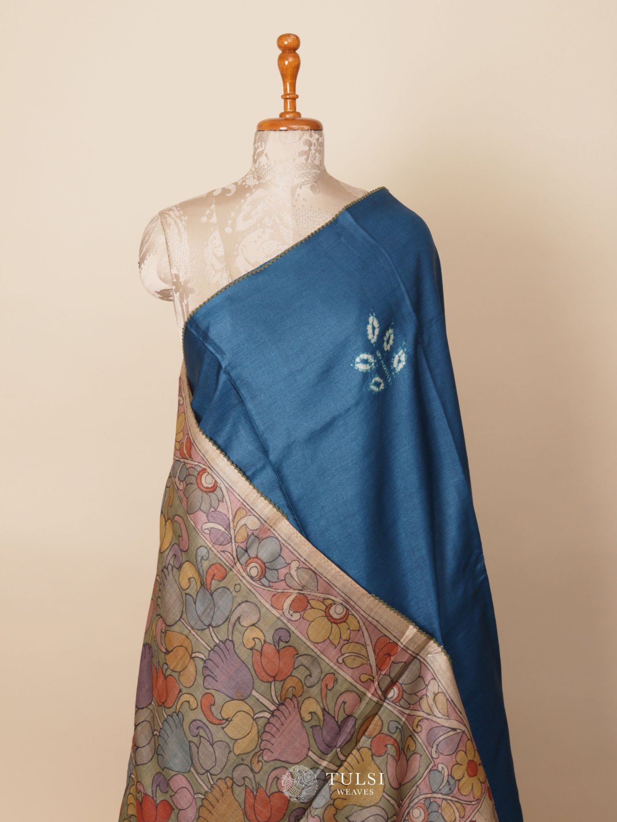 Teal Blue Shibori Tussar Silk Saree