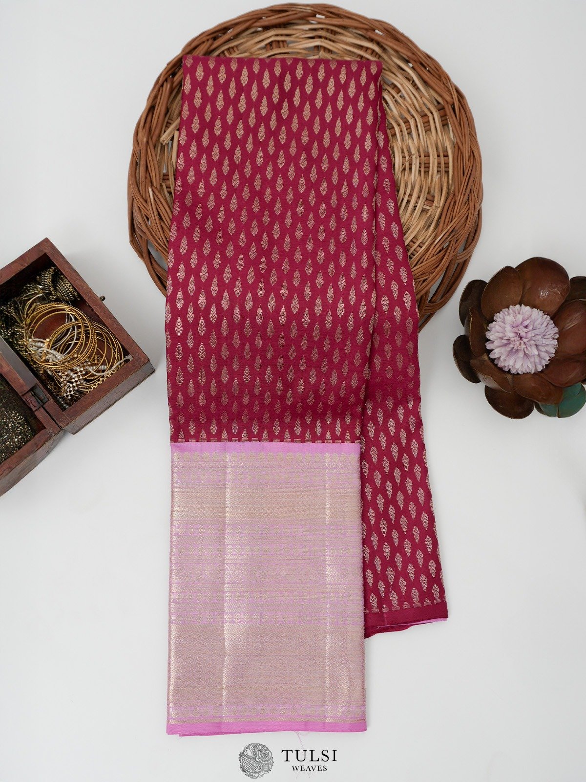 Maroon Kanjeevaram Silk Pavadai with Lavender Border