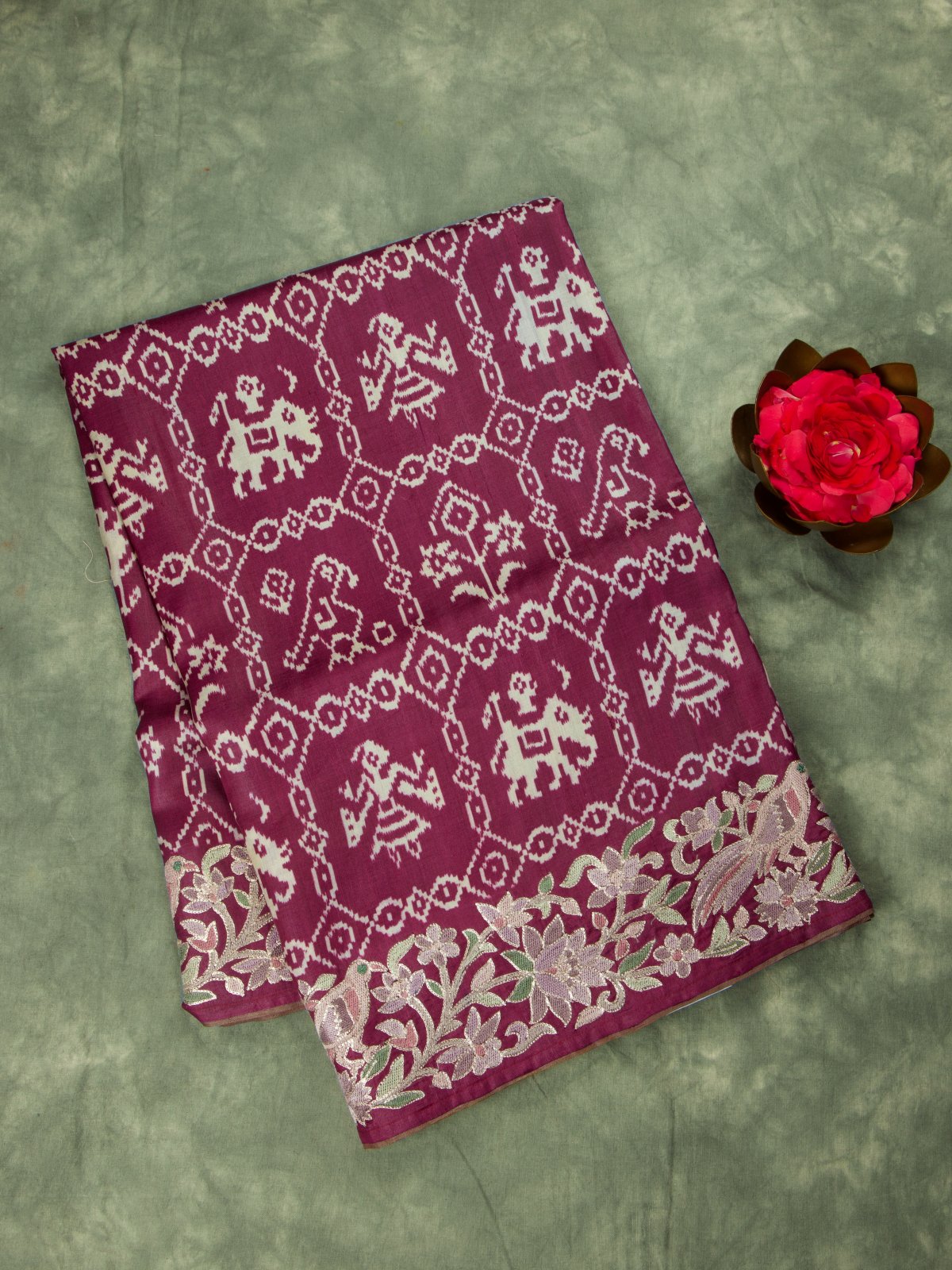 Violet Tussar Silk Saree with Floral Embroidery Border