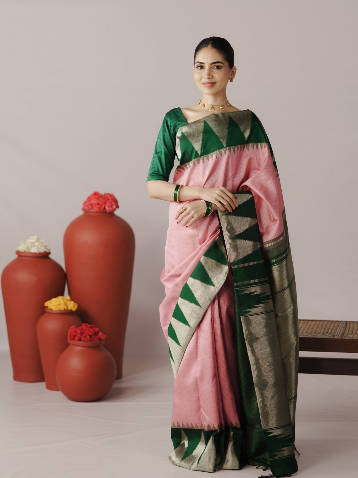 Light Pink Kanjeevaram Silk Saree With Green 8 Kol Border