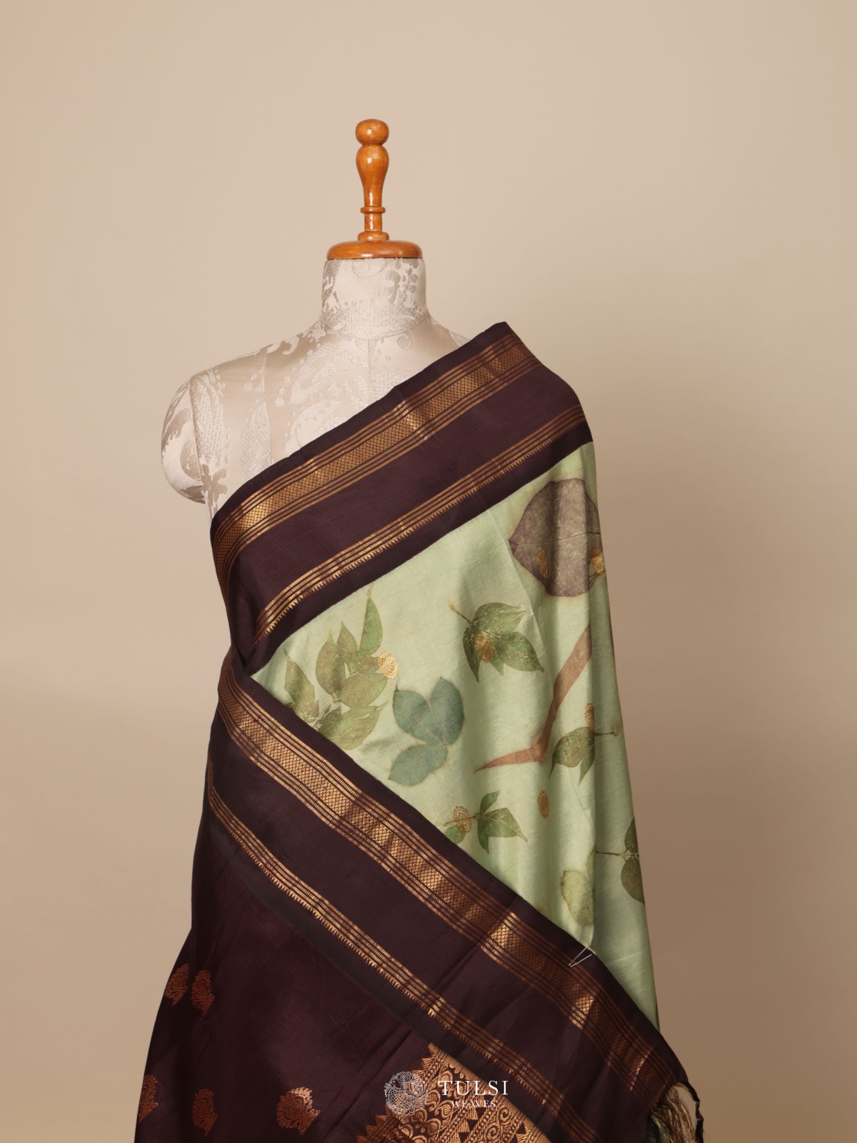 Light Green Eco Print Silk Saree
